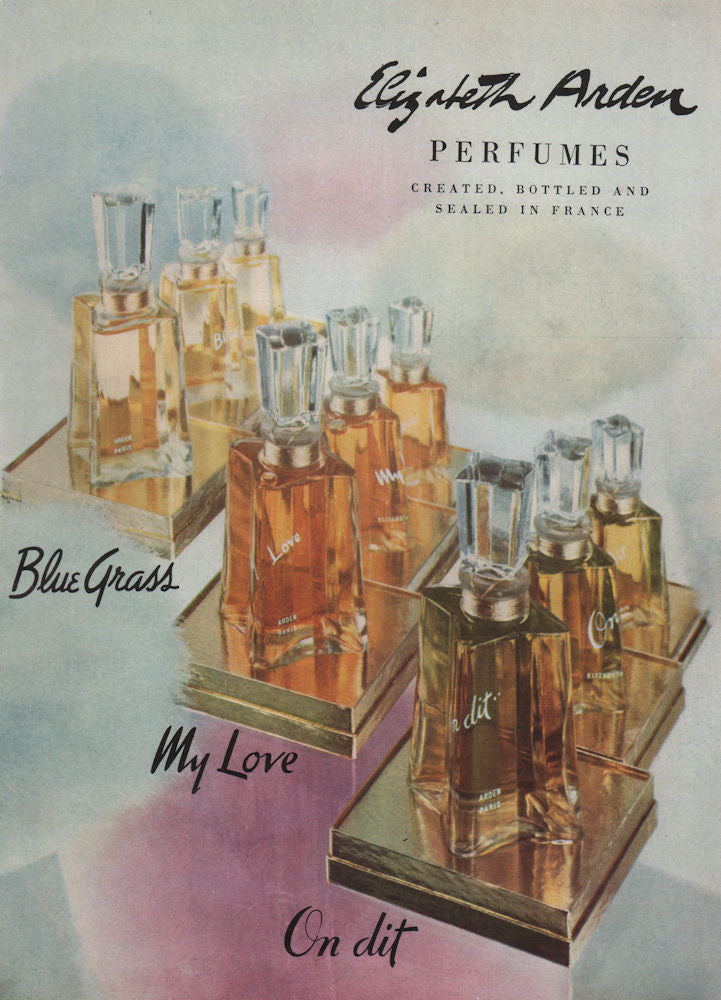 Elizabeth Arden perfumes. Blue Grass; My Love; On dit. Fashion advert 1955